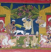 Bhang eaters before two huts (Wikipedia)