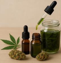 bote con marihuana goteros cogollos de marihuana y hoja de marihuana sobre una mesa