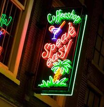 neon sign of a cannabis coffeeshop in Amsterdam.