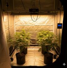 Plantas de marihuana cultivadas en interior bajo lámpara de sodio móvil y sistema profesional de control de luz y CO2