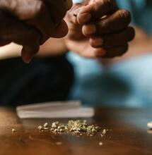 a person holding marijuana and preparing a joint.