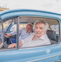 Former Uruguayan president Pepe Mujica in his blue Volkswagen Beetle, he is best known for making Uruguay the first legal cannabis country in the world