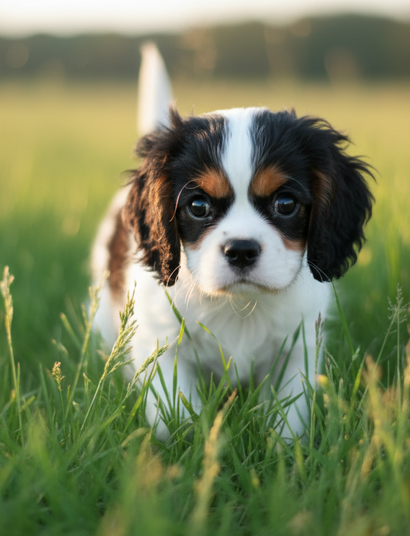small black and white dog walking on the grass