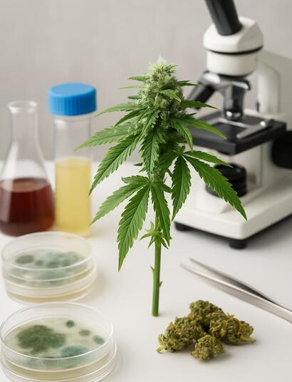 cogollos de marihuana en una mesa de laboratorio con microscopio de fondo y placas de petri