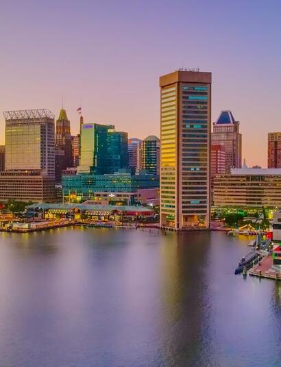 the inner harbor of Baltimore City, Maryland, where cannabis just became legal as of July 1.
