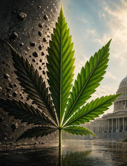 A cannabis leaf stands at the center of a dramatic split scene, with one side dark and crumbling and the other bright and illuminated, with the U.S. Capitol in the background, symbolizing transition and regulatory change.