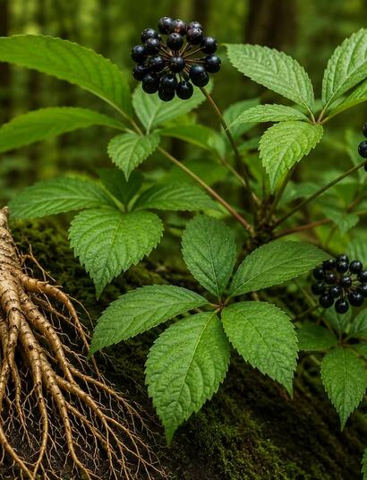 A photo depicting the fruits and roots of the Asian native Siberian ginseng plant