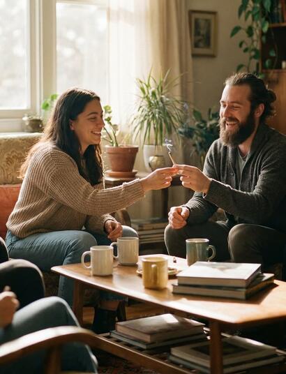 Grupo de amigos sentados en un salón compartiendo un porro de forma sociable y relajada.
