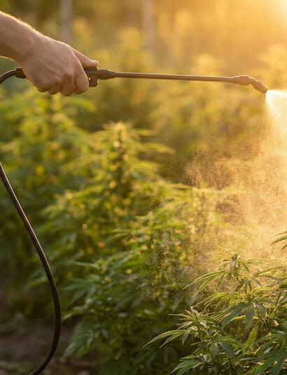 Cultivador utilizando un pulverizador de presión profesional con conexión inferior para aplicar un tratamiento foliar preventivo al atardecer sobre plantas de cannabis en exterior.