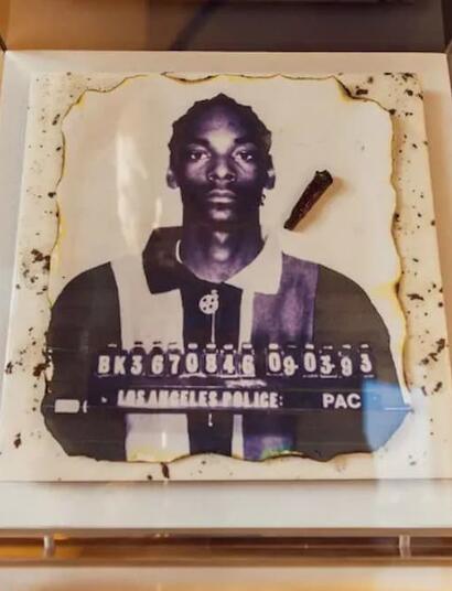 an image of the artwork titled as ‘Snoop Doggy Dogg Genesis Burn,’ one of seven multi-media art pieces sold at the recent auction, it features a mug shot from Snoop Dogg and half-finished joint he once started smoking. 