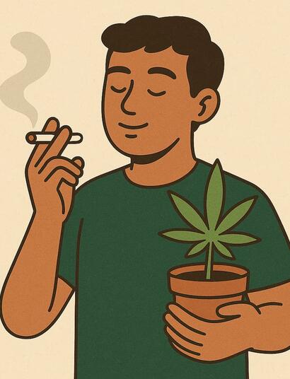 dibujo de hombre fumando con una planta de marihuana en la mano