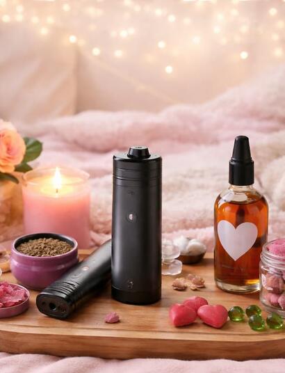 Romantic cannabis wellness flat lay featuring premium vaporizers, heart-shaped edibles, infused massage oil, candles, and pink roses arranged on a wooden tray atop a soft blanket, creating an intimate Valentine’s Day atmosphere.