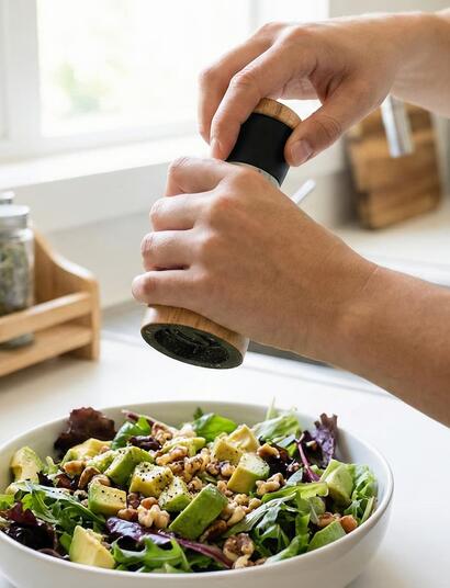 Una persona preparando una ensalada saludable y moliendo pimienta negra, ilustrando el concepto de "cannabinoide dietético" del betacariofileno, un potente antiinflamatorio natural que activa el receptor CB2.