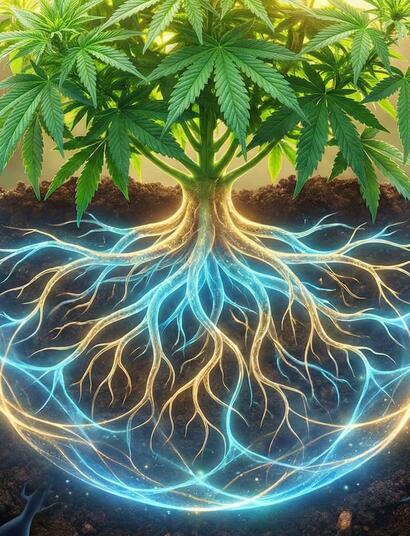 Ilustración conceptual de una planta de cannabis con sus raíces iluminadas formando un escudo de energía esférico bajo tierra, protegiendo el sistema radicular de patógenos. Representación visual de la Resistencia Sistémica Adquirida (SAR).