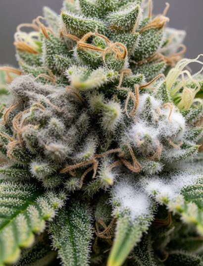 Cogollo de marihuana infectado con botritis y oidio en fase avanzada