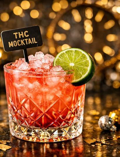 A sophisticated, high-end "THC Mocktail" Sophisticated THC mocktail for Cali Sober New Year 2025/26 in a crystal glass with a lime garnish, set against a blurred background of New Year’s Eve decorations.
