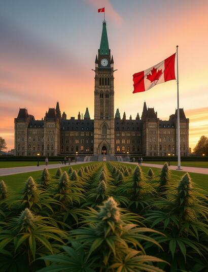 Parlamento de Canadá con bandera y hoja de cannabis simbolizando la legalización y el avance social hacia la regulación del cannabis recreativo