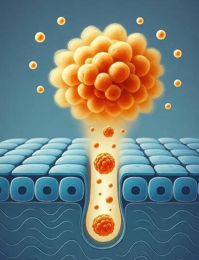 Ilustración científica sobre nanotecnología aplicada a la administración y absorción de cannabinoides en la piel y medicina.