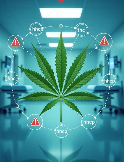 Synthetic cannabinoids, prohibition and health risks in Spain; cannabis leaf with chemical molecules, emergency room and warning icons, article preview image