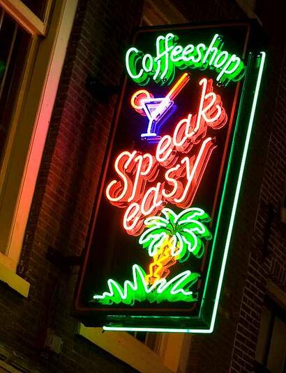 neon sign of a cannabis coffeeshop in Amsterdam.