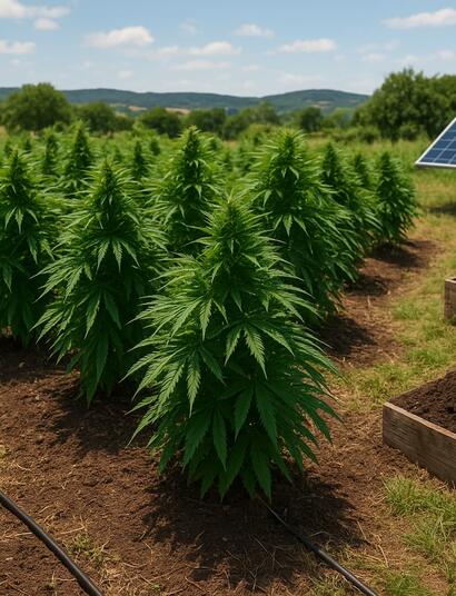 Cultivo de cannabis sostenible al aire libre con prácticas ecológicas, energía renovable y bajo impacto ambiental
