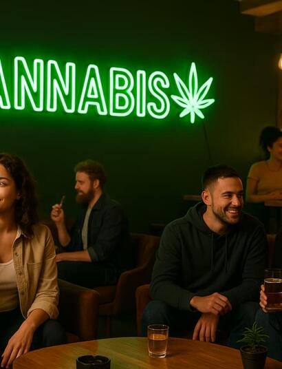 A group of adults relaxes in a modern cannabis lounge, sitting on comfortable sofas in a warmly lit space with plants and cannabis artwork, while enjoying cannabis in a calm, social setting.