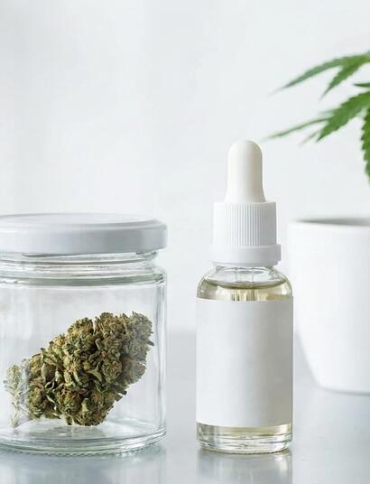 Bote de cannabis medicinal con flor seca, frasco de aceite CBD y planta joven en un entorno de bienestar profesional estilo 2026.