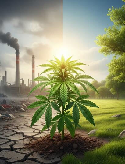 Planta de cannabis en un suelo seco, simbolizando su poder para sanar y restaurar el medio ambiente.