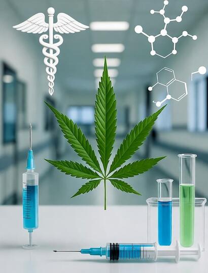 Representación científica del cannabis medicinal mostrando el sistema endocannabinoide y avances en seguridad y genética terapéutica.