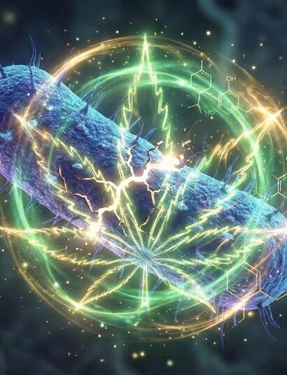 Representación artística de una bacteria siendo neutralizada por el poder antimicrobiano del CBD, simbolizado por una hoja de cannabis brillante y estructuras químicas, basado en el estudio de Nature 2021.