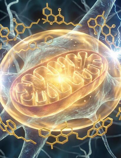 Ilustración científica 3D que muestra cómo moléculas de CBD (estructuras doradas) forman un escudo protector alrededor de una mitocondria neuronal, defendiéndola del exceso de iones de calcio (Ca2+) y las descargas eléctricas propias de la epilepsia, representando el mecanismo de neuroprotección.