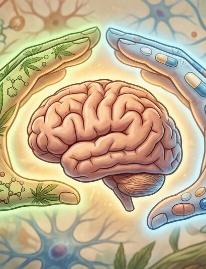 Ilustración artística de un cerebro humano protegido por dos manos que se unen: una con motivos de hojas de cannabis y otra con cápsulas medicinales, simbolizando la sinergia entre el CBD y la farmacología convencional.