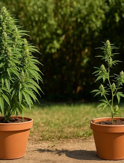Comparativa de dos plantas de marihuana: una grande y sana plantada en temporada óptima y otra pequeña plantada fuera de temporada.