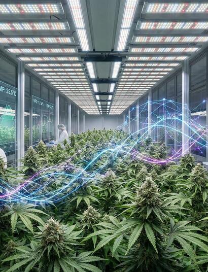 Instalación futurista de cultivo de cannabis indoor con tecnología de IA, hologramas de métricas de VPD y redes neuronales inteligentes.