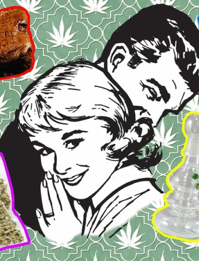 Retro-style illustration of a smiling 1950s couple surrounded by different cannabis consumption methods, including a joint, cannabis flower, a brownie edible, a vaporizer pen, and a glass bong, set against a patterned background with cannabis leaf motifs.