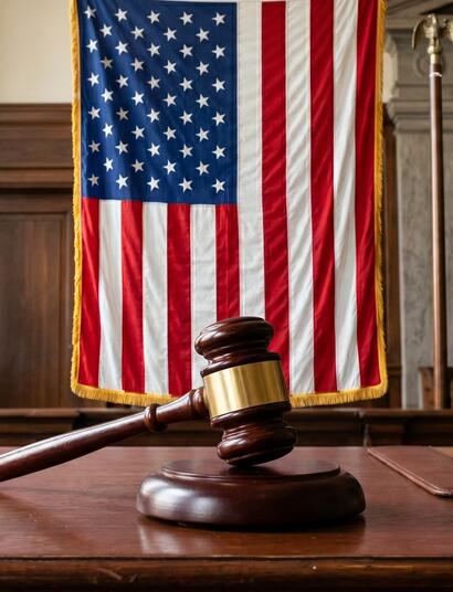 Mazo de juez sobre un escritorio de madera, con la bandera de Estados Unidos