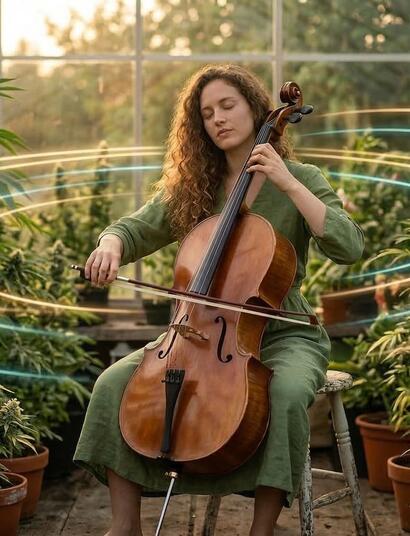Mujer tocando el violonchelo rodeada de plantas de marihuana en floración dentro de un invernadero, con ondas de luz circulares que representan el efecto de la música y la bioacústica en el desarrollo vegetal.
