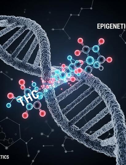 Ilustración científica de la molécula de THC interactuando con una cadena de ADN, representando la epigenética del cannabis