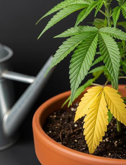 Errores de riego en marihuana: hoja amarilla por exceso de agua y planta saludable