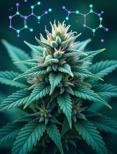 Fotografía macro de una cepa de cannabis futurista que muestra las estructuras de terpenos y cannabinoides minoritarios.