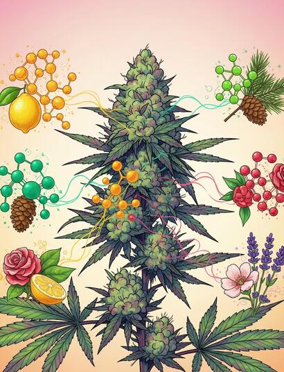 Infografía de la guía de perfiles de terpenos del cannabis, mostrando los aromas, efectos y cepas asociadas a cada terpeno principal como el mirceno, limoneno y linalol.