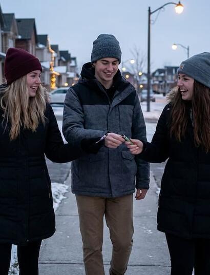 Three young adults smiling and walking through a snowy residential neighborhood during the holidays, holding a green cannabis vape pen for a "cousin walk."