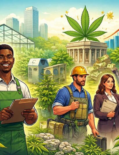 A visual representing the economic and social impact of cannabis legalization, with portraits of people in different industry job roles and visible marijuana symbols. 
