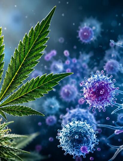 Close-up digital illustration of a cannabis leaf beside microscopic immune cells and virus-like particles glowing in a blue scientific background.