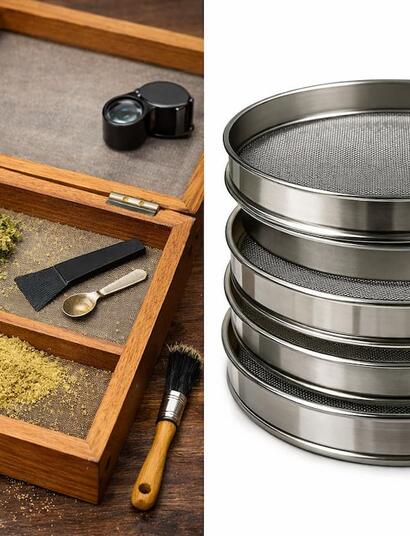 Cannabis kief screening setup featuring a wooden pollen box with sifted trichomes and tools alongside stacked metal mesh screens used to separate resin crystals from plant material.