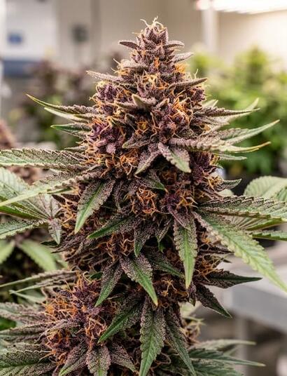 Mature Purple Punch cannabis plant displaying dense purple-tinted buds and orange pistils inside an indoor cultivation facility.