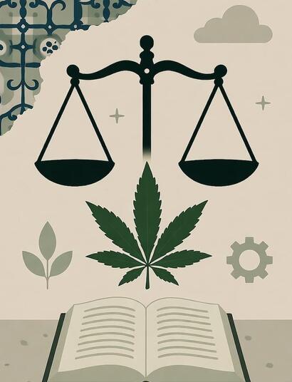 Símbolos del debate social y legal sobre el cannabis en España en 2025, con balanza, hoja y libro representativos.