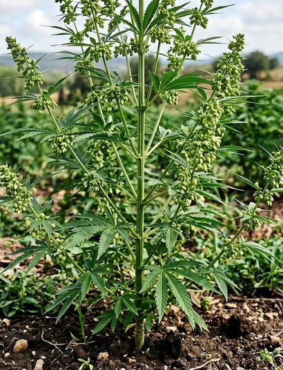 Primer plano realista de una planta macho de cannabis vigorosa creciendo en un campo de cultivo exterior bajo luz natural, mostrando abundantes racimos de sacos de polen (flores masculinas) en desarrollo a lo largo de las ramas, con un fondo borroso de una granja y colinas