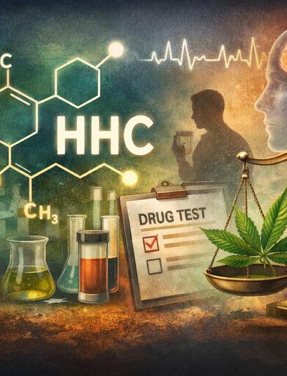 Wide horizontal illustration featuring a cannabis leaf, HHC molecular structure, lab glassware, oil dropper, drug test clipboard, brain graphic, and a balance scale weighing cannabis against prescription medicine, symbolizing the science and regulation of cannabinoids.