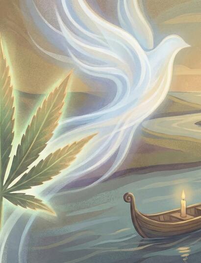 Ilustración artística en homenaje a Jay Jay, fundador de Advanced Hydroponics of Holland. Muestra una hoja de cannabis resplandeciente y una figura espiritual ascendiendo sobre un río con una barca y una vela, simbolizando su viaje final y legado duradero.